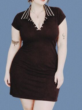 Vintage Norm Thompson Black Polo-Collar Bodycon Dress with Striped Trim